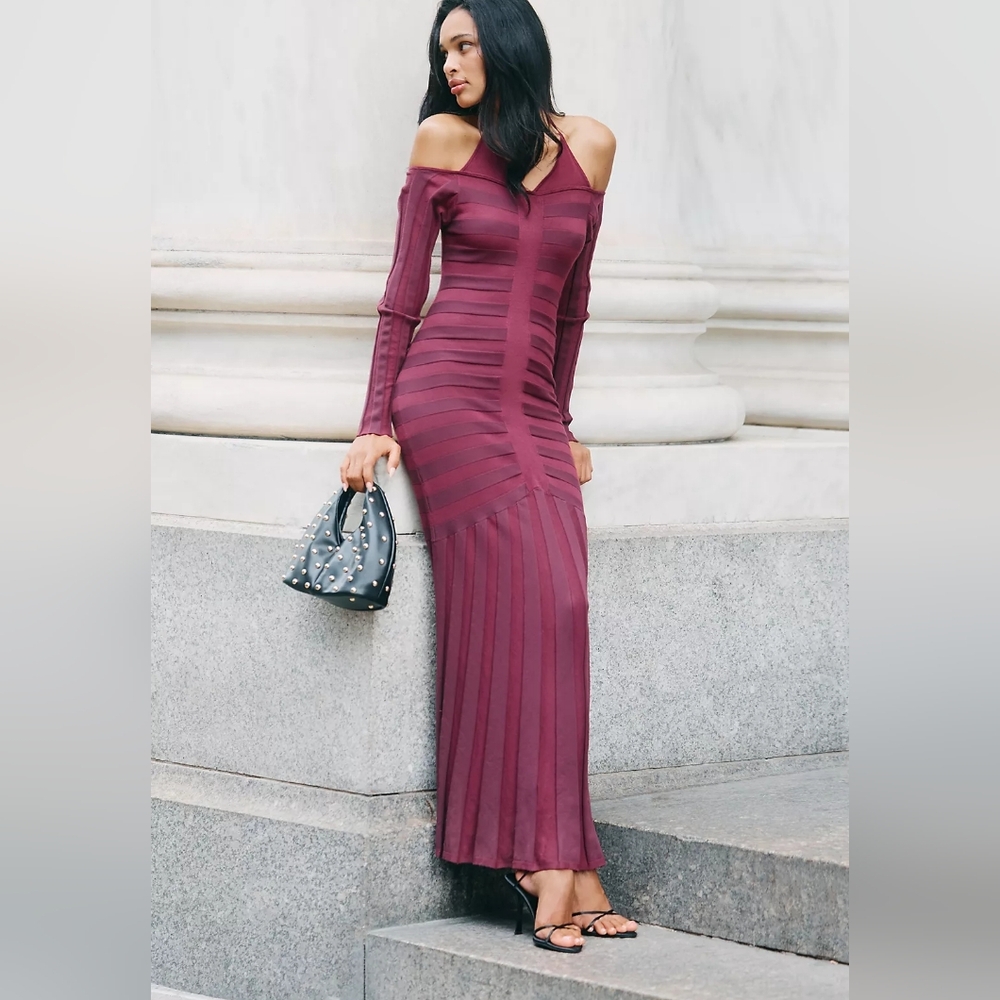 Anthropologie Wine Mauve Off-Shoulder Ruched Maxi Dress